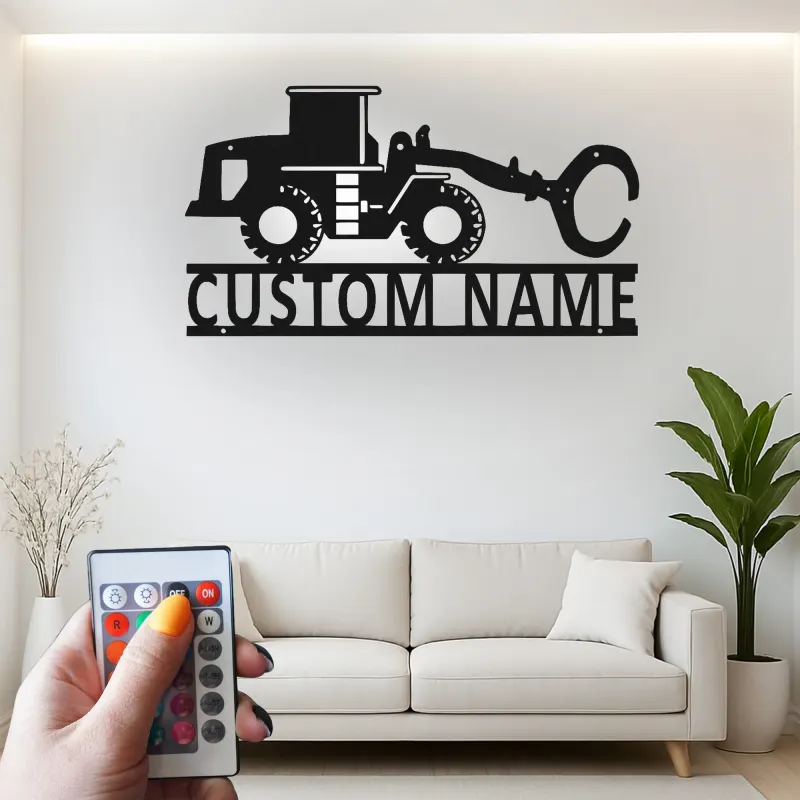 Cartel de Cargadora de Ruedas Personalizado de Metal | Decoración de Construcción LED | Arte Personalizado de Maquinaria Pesada para Regalo de Operador