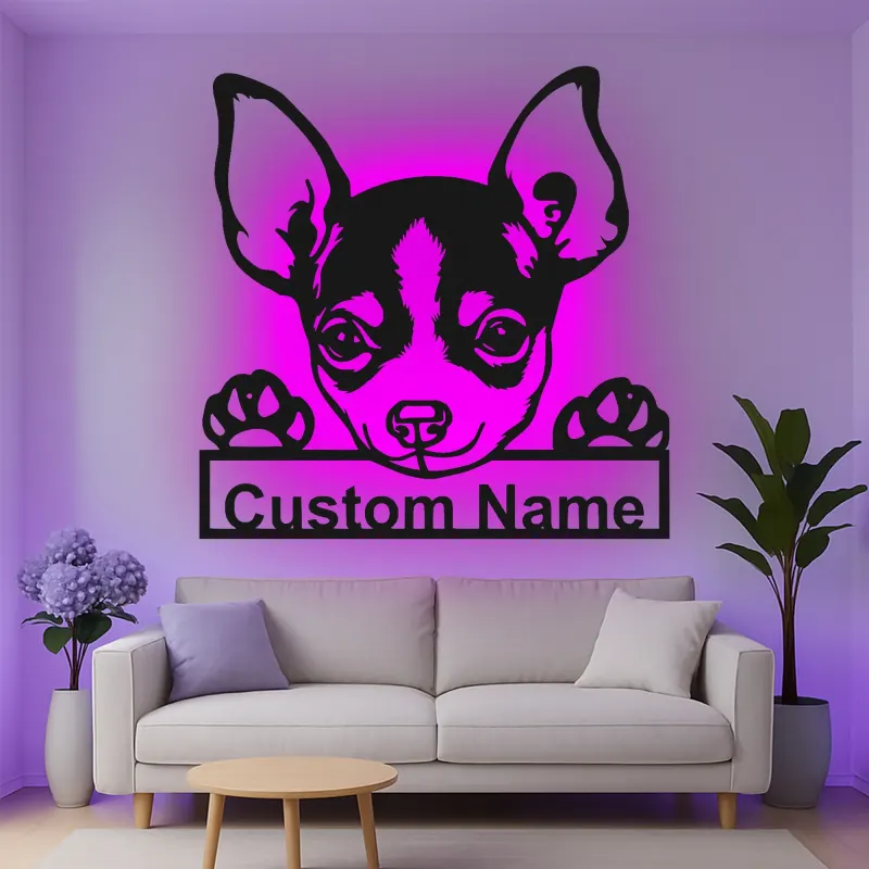 Décoration murale en métal personnalisée Chihuahua avec Rétroéclairage - Cadeau pour Amateurs de Chiens - Décor de Salon