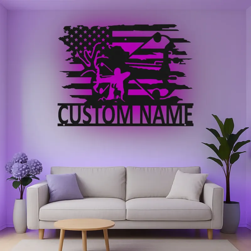 Insegna in metallo LED personalizzata per cacciatori di archi - Regalo per appassionati di tiro con l'arco - Decorazione per man cave o garage