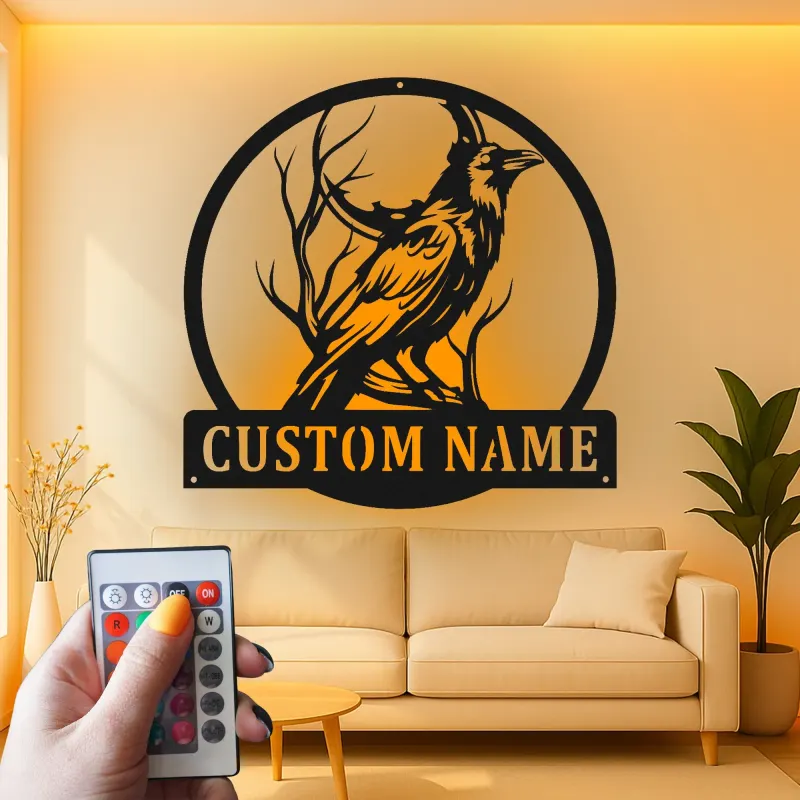 Gothic Raven LED Metal Sign | Personalized Crow Wall Art | Custom Name Decor for Home & Office