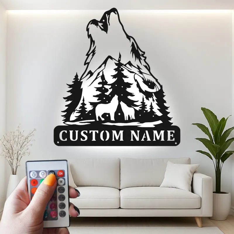 Custom Howling Wolf Led Light Metal Wall Art Personalized Gift for Nature Lovers Cabin Decor