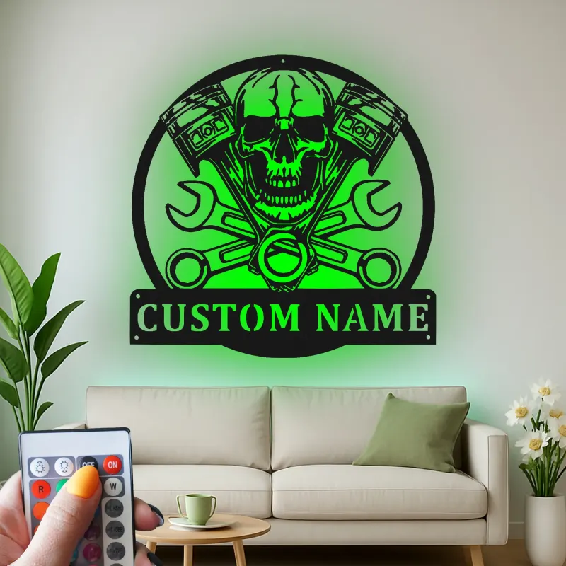 Custom Skull LED Metal Sign | Personalized Piston & Wrench Wall Art | Mechanic Garage Decor for Him | Man Cave Sign