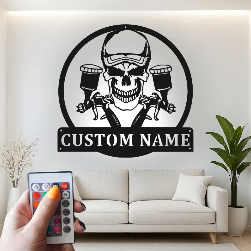Insegna Garage Personalizzata Teschio | Arte in Metallo LED Personalizzata | Decorazione per Officina & Regalo per Artista Airbrush