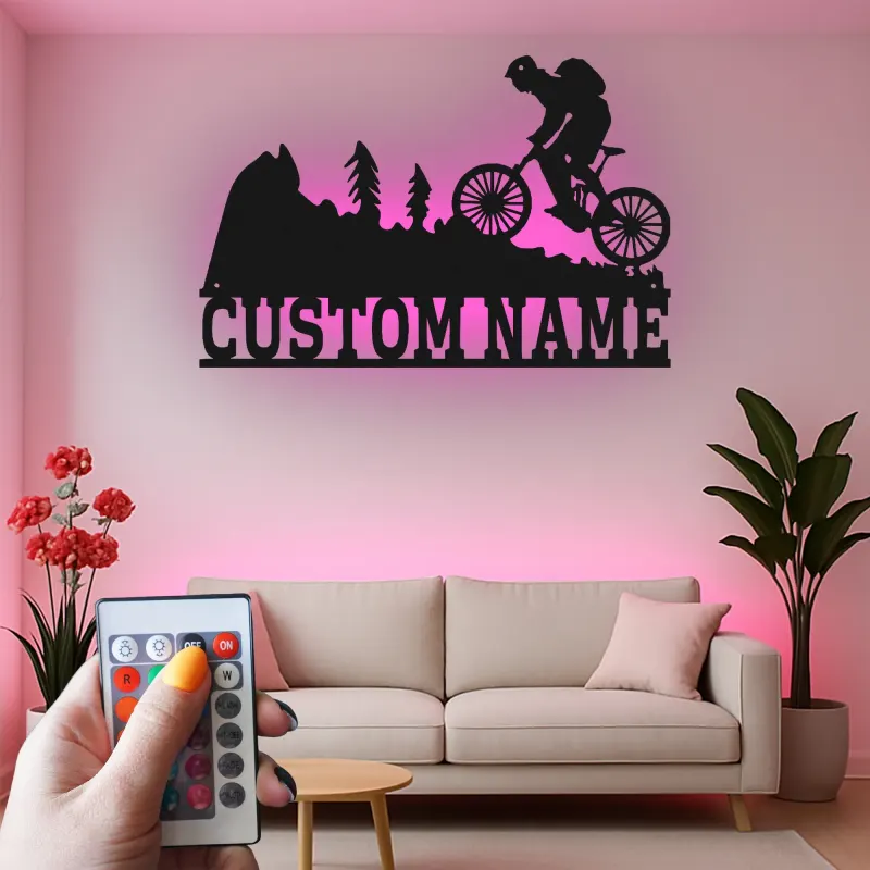 Custom Mountain Biker Metal Sign | Personalized LED Wall Art for Cyclist | Biking Decor Gift for Outdoor Enthusiast