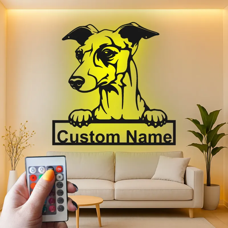 Cartel personalizado con nombre de galgo | Decoración mural de metal con LED | Decoración personalizada para mascotas en la entrada | Regalo para amantes de los perros