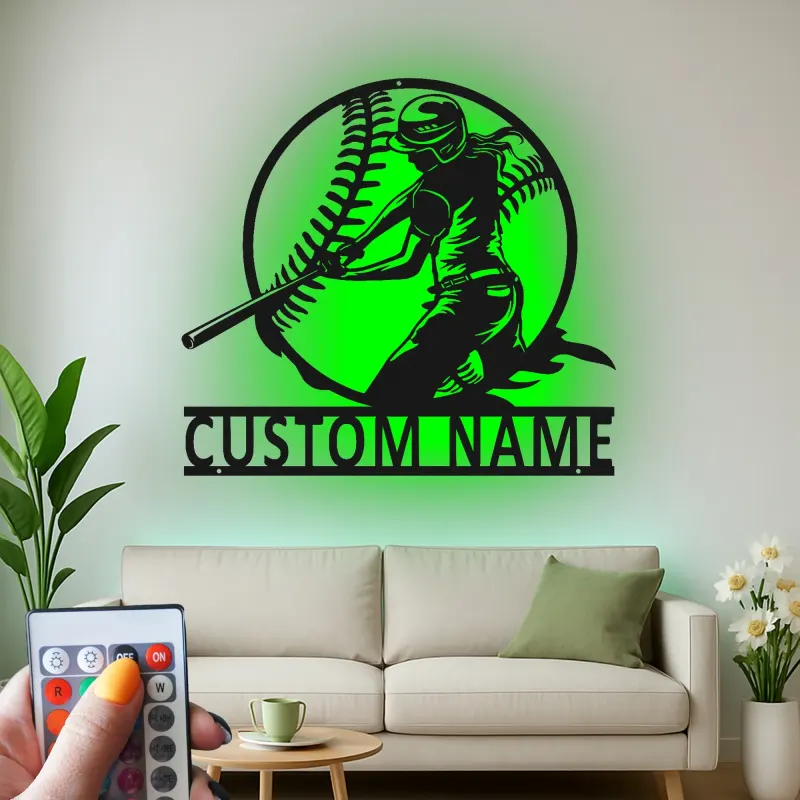 Cartel de metal personalizado de jugadora de softball | Arte mural LED para habitación de chicas | Decoración deportiva con nombre personalizado | Regalo para atleta femenina