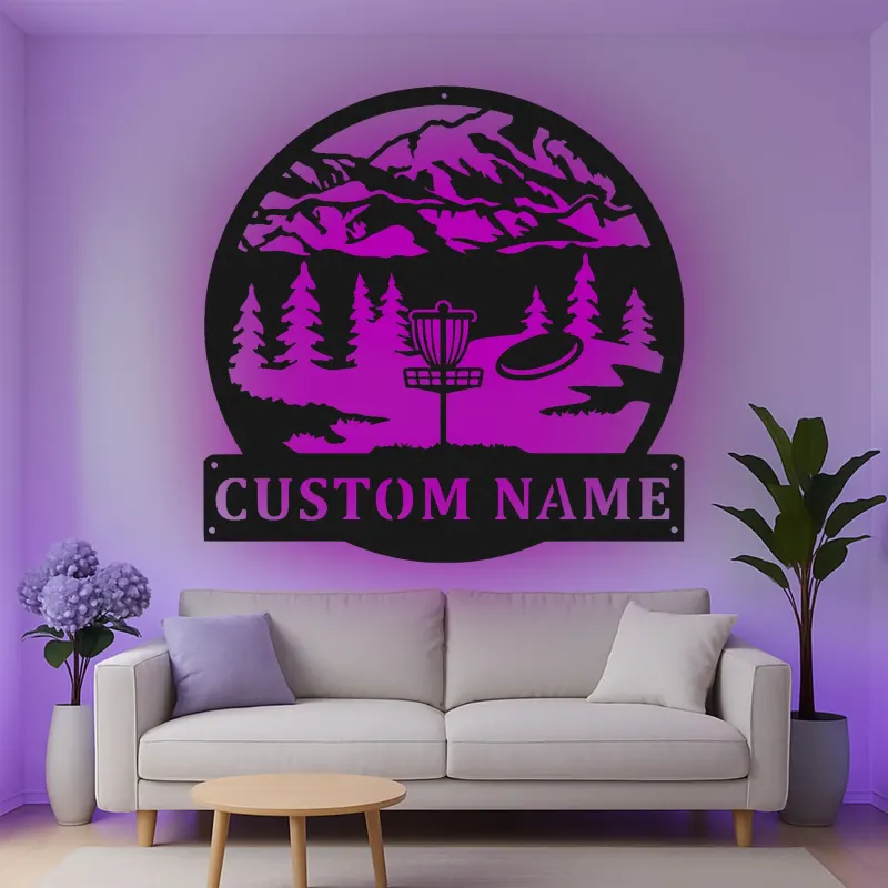 Custom Disc Golf Mountain Scene Led Light Metal Wall Art Personalized Gift for Disc Golfers Outdoor Enthusiast Decor