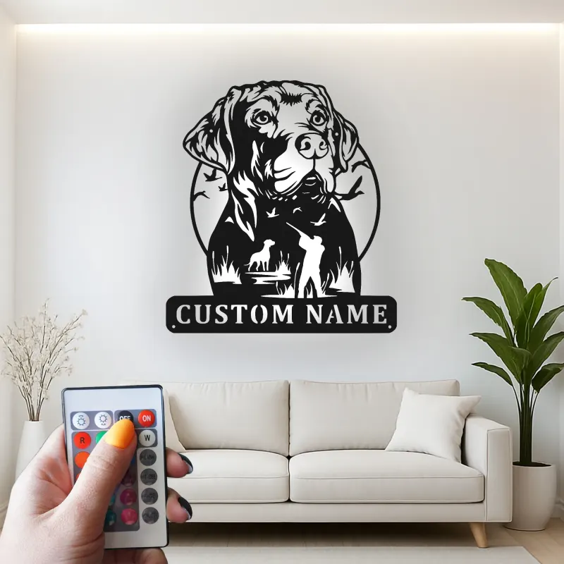 Insegna per Cacciatore Labrador Retriever | Insegna in Metallo LED Personalizzata | Regalo per Cacciatori per Man Cave | Decorazione per Caccia all'Anatra