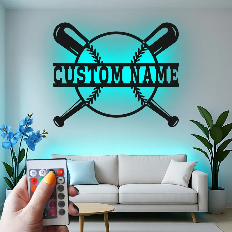 Insegna in metallo LED personalizzata con baseball - Regalo per appassionati di sport e decorazione per sala giochi
