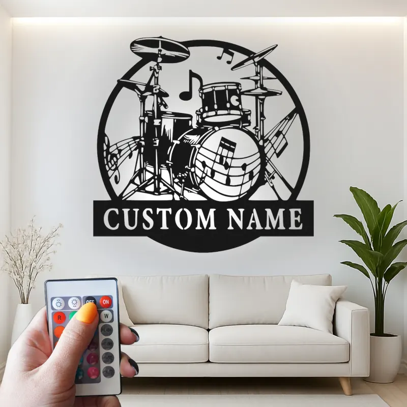 Insegna in metallo LED a forma di set di tamburi personalizzata Regalo per musicisti Decorazione per sala musica per batteristi