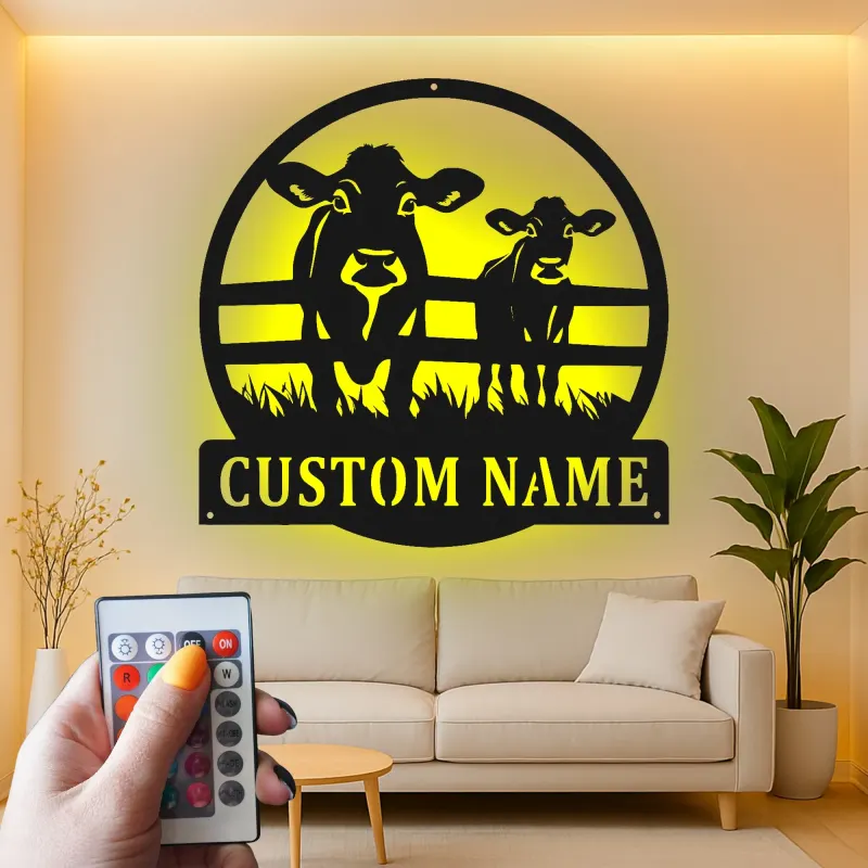 Custom Cow and Calf Led Light Metal Wall Art Farmhouse Gift for Farmers Rustic Kitchen or Barn Decor