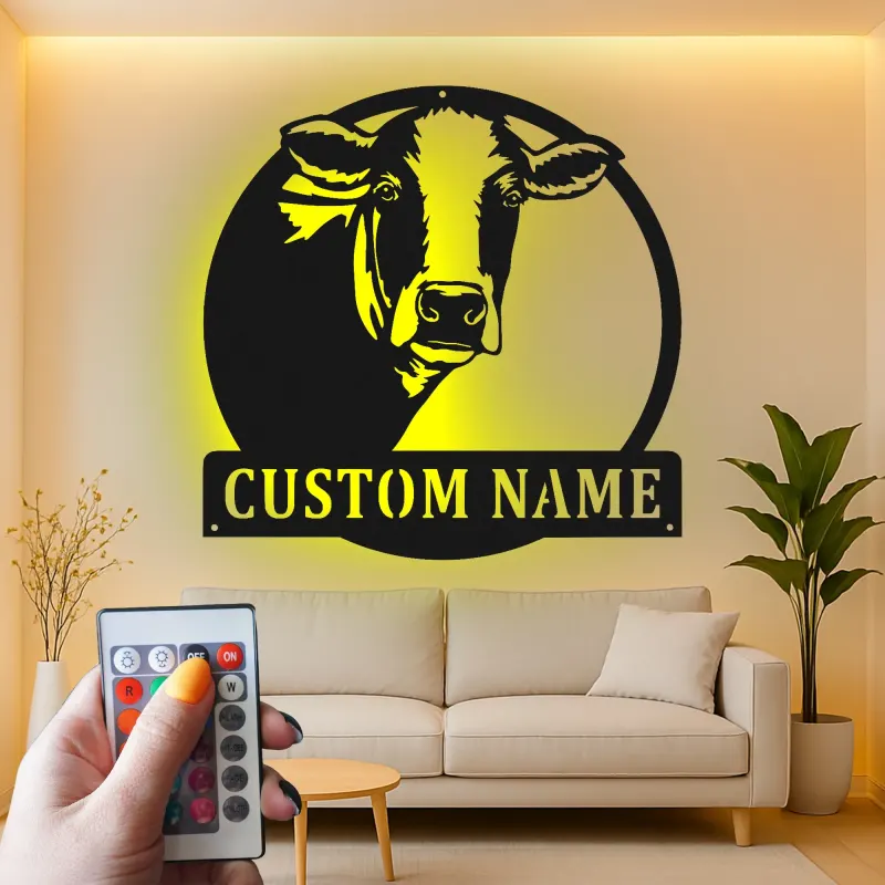 Personalisierte Kuh LED-beleuchtete Metall-Wandkunst – Geschenk im Landhausstil, rustikale Deko für Küche oder Scheune