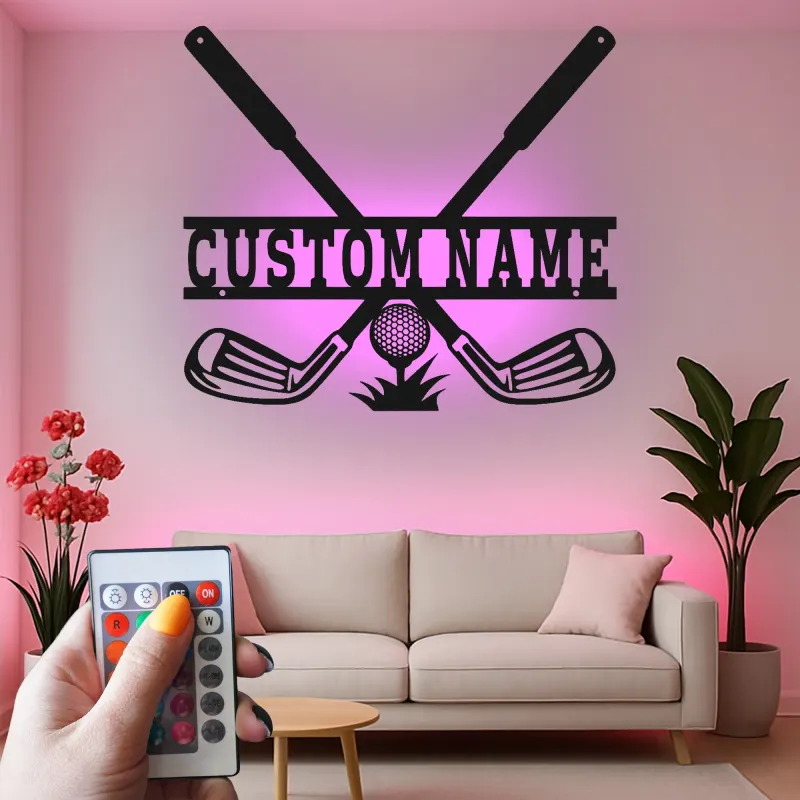 Enseigne de golf personnalisée avec LED | Décoration murale en métal sur mesure pour man cave | Plaque prénom golfeur | Déco club de golf