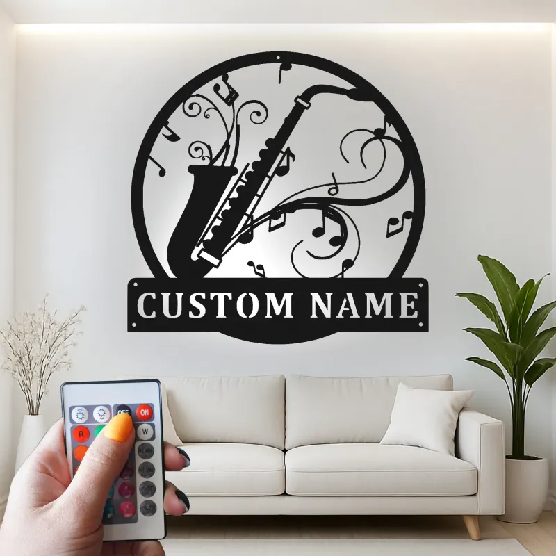 Panneau LED Personnalisé Saxophone | Décoration Murale en Métal pour Studio de Musique | Cadeau Joueur de Jazz | Décor Salle de Groupe