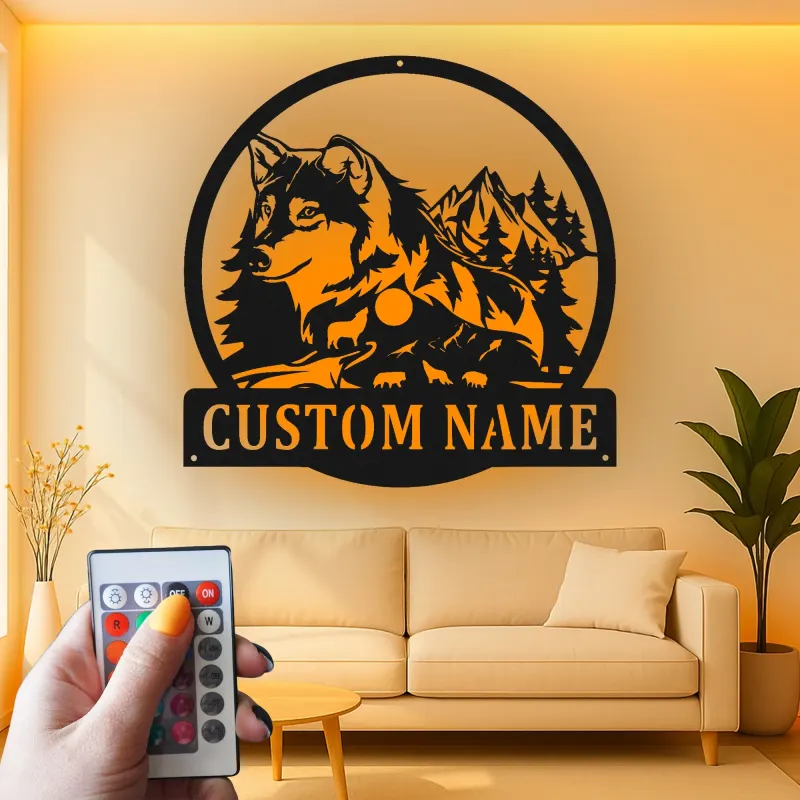 Cartel de metal personalizado de lobo y montaña con luz LED Regalo para amantes de la naturaleza Decoración rústica de cabaña