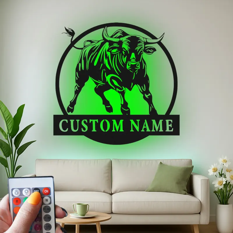 Insegna in metallo personalizzata con luce LED a forma di toro, regalo per lui, decorazione rustica per il ranch