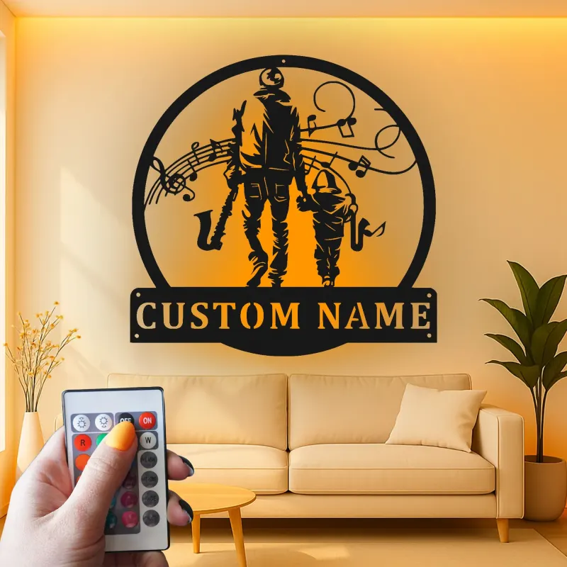 Personalized Saxophone Player LED Sign | Custom Musician & Child Metal Wall Art | Music Room Decor | Gift for Dad