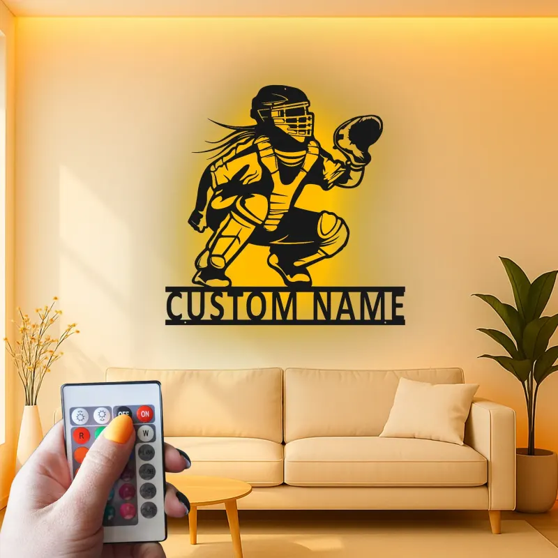 Cartel LED personalizado de receptora de softball | Arte mural de metal personalizado para habitación de chicas | Regalo para atleta femenina | Decoración de guardería deportiva