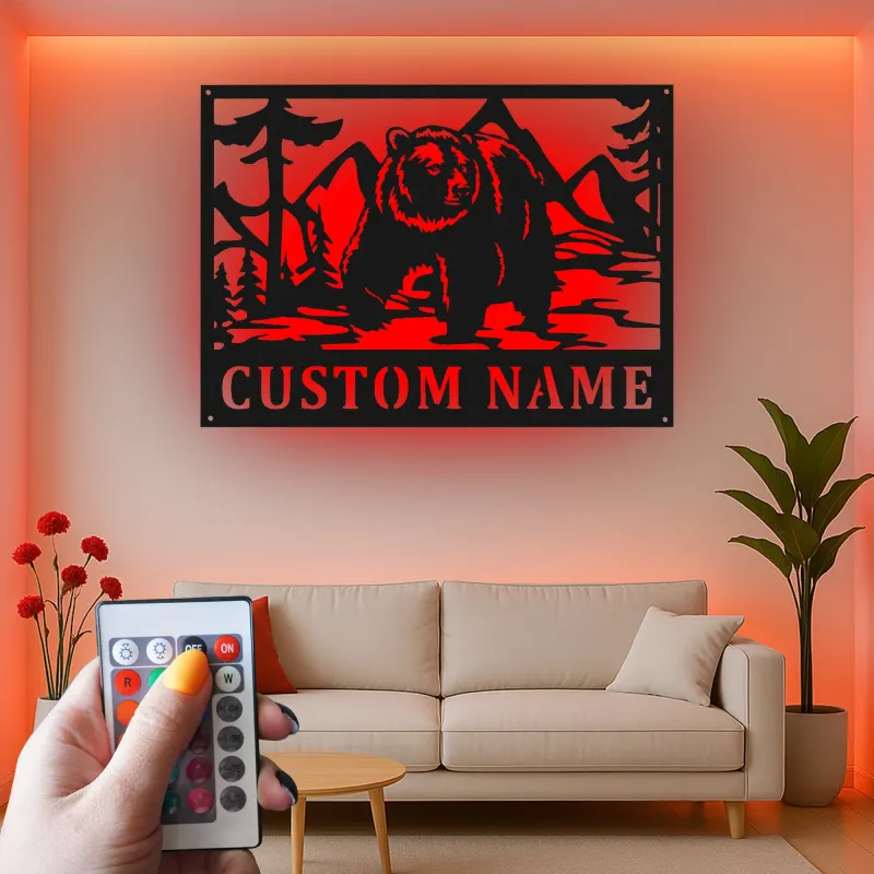 Décoration murale en métal personnalisée Bear Mountain avec rétroéclairage LED - Cadeau pour les amoureux de la nature, décoration de chalet ou de lodge