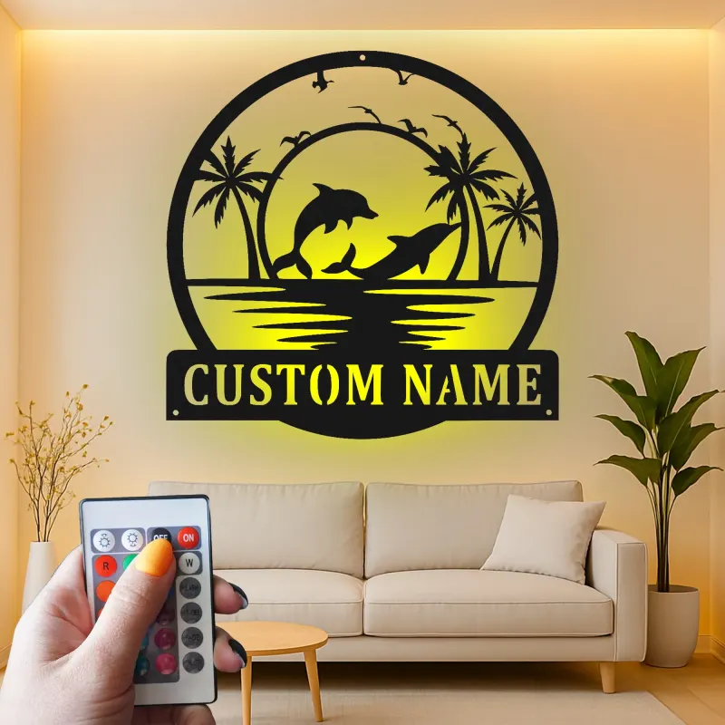 Décoration murale en métal personnalisée avec scène de plage de dauphins et rétroéclairage LED - Cadeau pour amoureux de l'océan - Décor de salon côtier