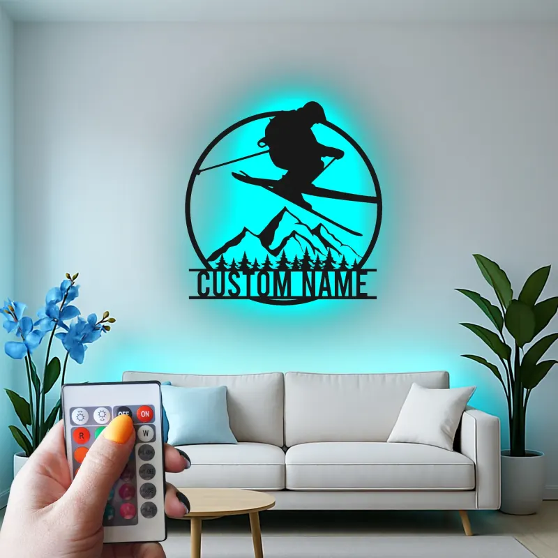 Insegna LED in metallo personalizzata per sciatore | Arte murale di montagna su misura | Arredo e regalo per baita e sci freestyle
