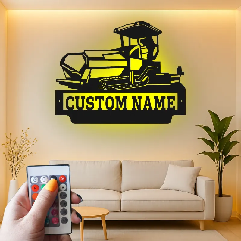 Décoration murale en métal personnalisée avec bulldozer rétroéclairé - Cadeau personnalisé pour passionné de construction - Décor de garage ou de bureau