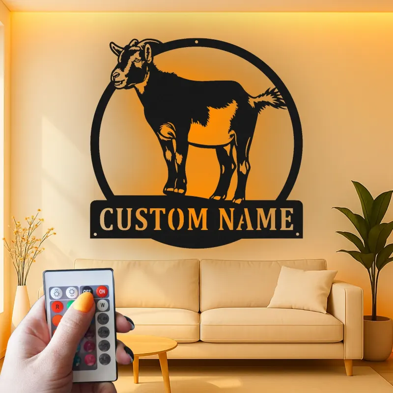 Insegna LED personalizzata con capra | Arte murale in metallo personalizzata per farmhouse e fienile | Regalo per rancher