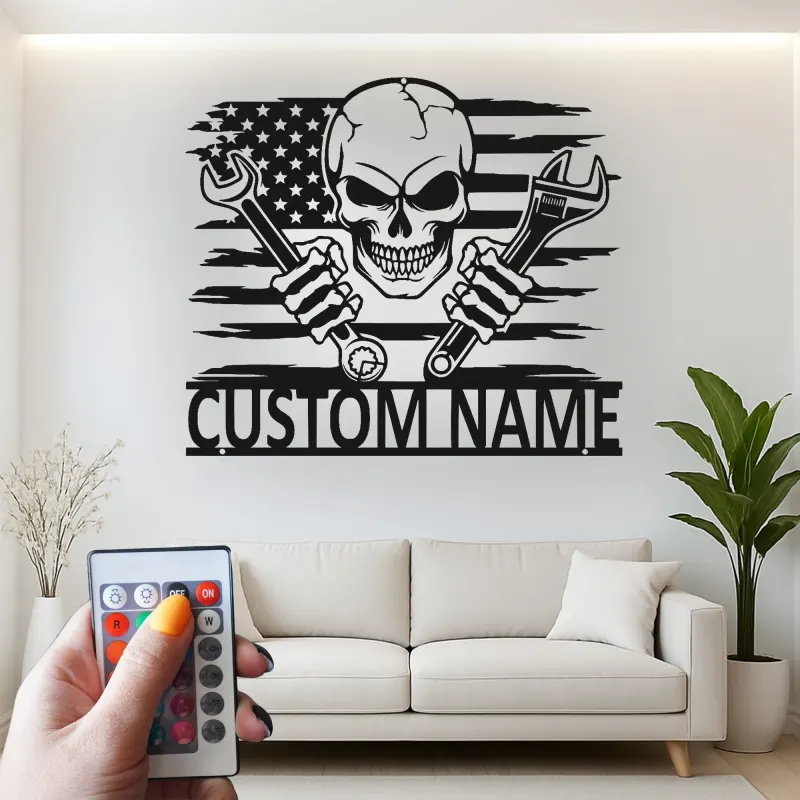 Insegna LED Meccanico Teschio | Arte in Metallo Personalizzata | Decorazione per Garage e Officina Auto | Regalo per Meccanico