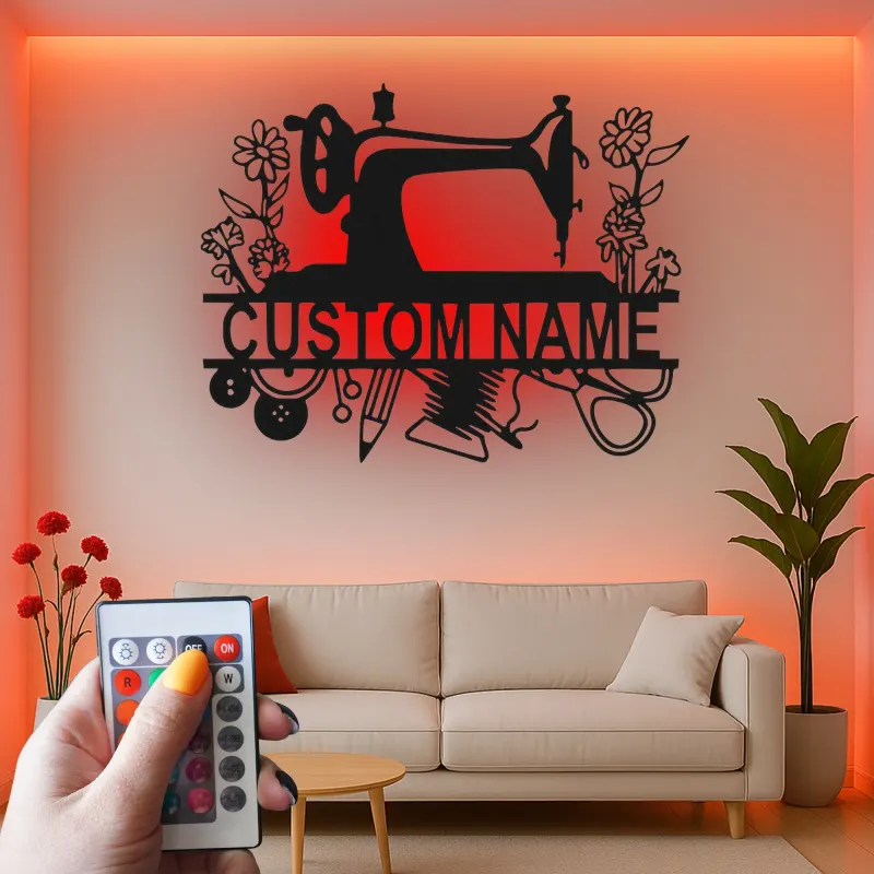 Personalized Sewing Machine LED Sign | Custom Metal Wall Art for Craft Room | Vintage Floral Seamstress Gift