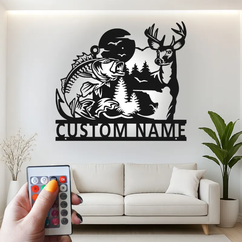Insegna in metallo personalizzata per caccia e pesca | Decorazione wildlife con luce LED | Arte murale personalizzata con cervo e bass per baita o man cave