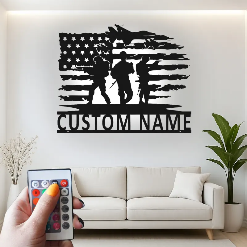 Custom Soldier Flag Metal Sign | Patriotic LED Wall Art | Personalized Military Decor for Veteran Man Cave