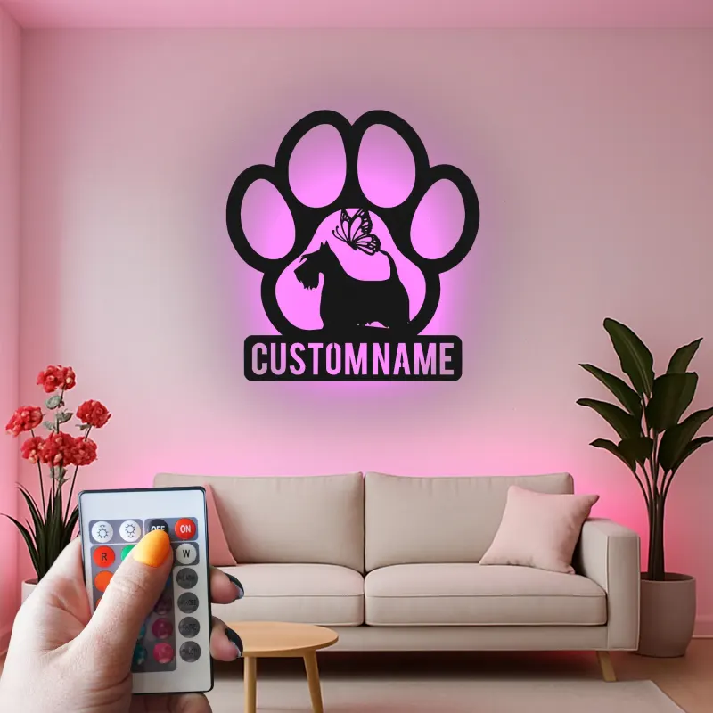 Décoration murale en métal personnalisée de patte de Scottish Terrier avec rétroéclairage LED - Cadeau pour les amoureux des chiens et décoration de salon