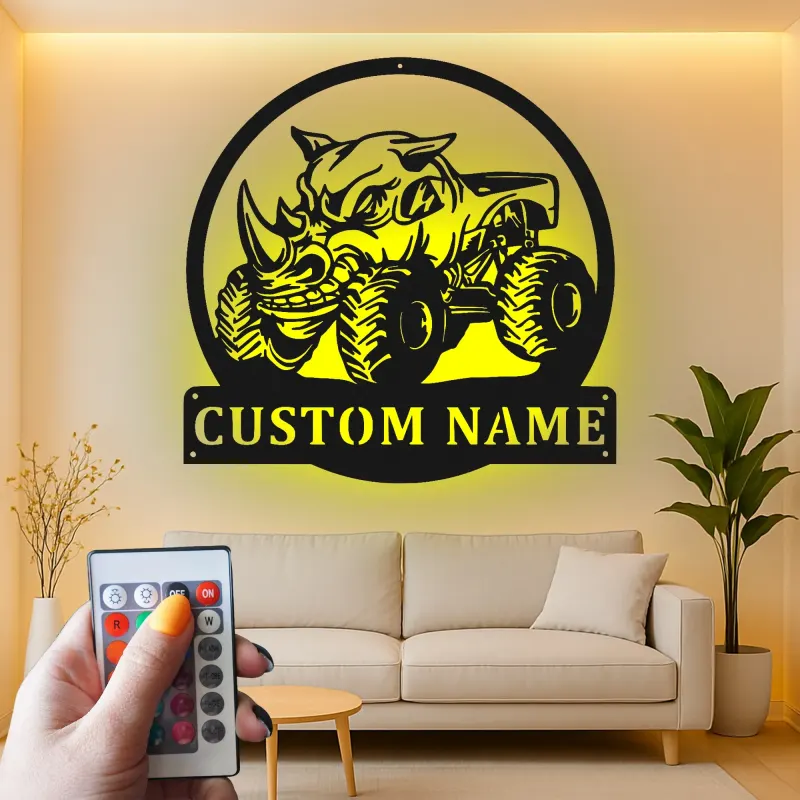 Personalized Monster Truck LED Sign | Custom Rhino Metal Wall Art | Boys Room & Man Cave Decor | Off-Road Name Plaque
