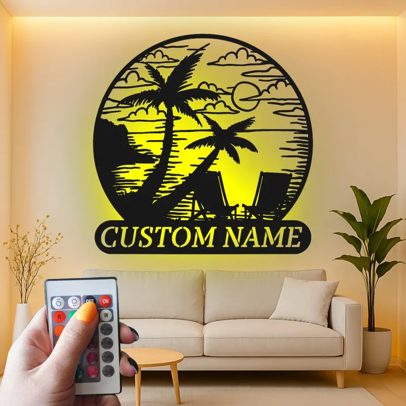 Décoration murale en métal personnalisée coucher de soleil sur la plage avec rétroéclairage LED cadeau côtier pour couples décoration de salon ou patio