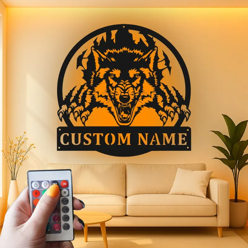 Insegna in metallo LED personalizzata con lupo - Regalo per lui, decorazione per man cave o sala giochi