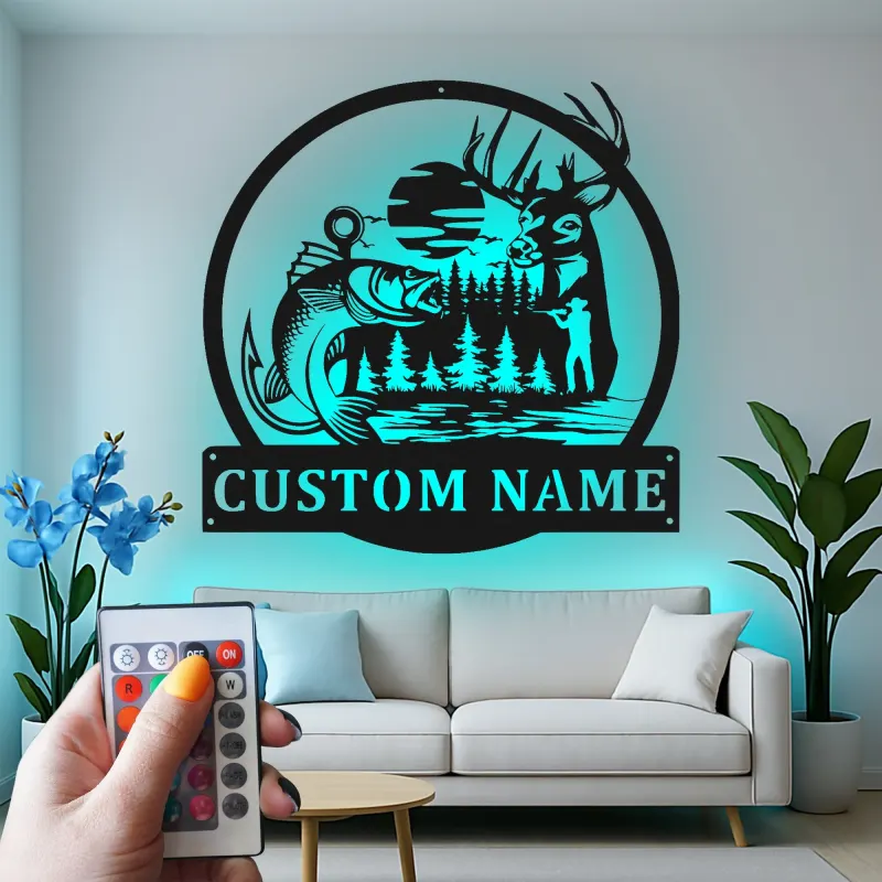 Cartel de metal personalizado de ciervo y pez con luz LED, regalo personalizado para entusiastas del aire libre, decoración para cabañas o lodges