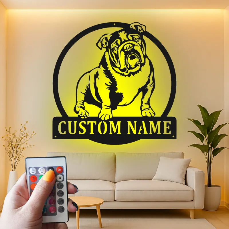 Insegna in metallo LED personalizzata con bulldog - Regalo per amanti dei cani e decorazione per soggiorno