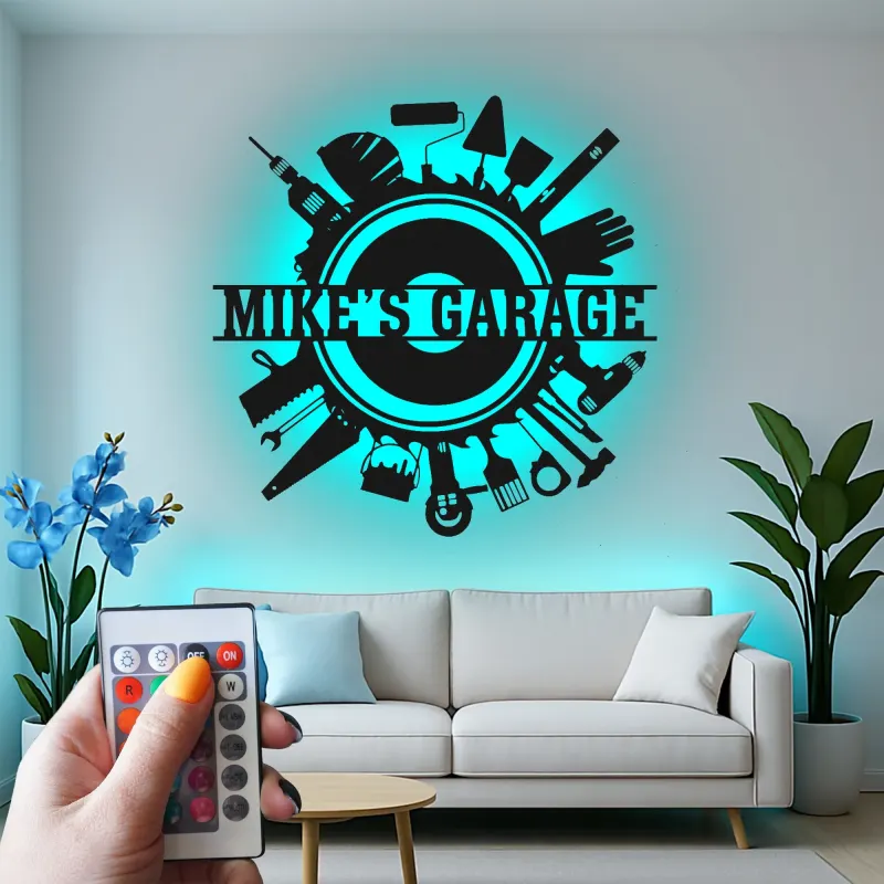 Enseigne LED personnalisée pour garage | Décoration murale en métal personnalisée avec outils | Déco atelier et man cave | Cadeau pour bricoleur