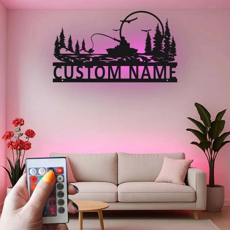 Cartel de pesca personalizado con luz LED | Arte mural de metal personalizado para casa de campo | Regalo para pescador y angler