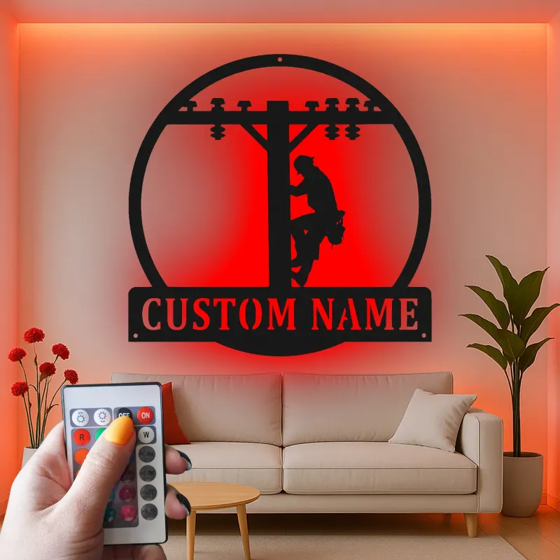 Enseigne en métal personnalisée pour lineman | Décoration murale LED pour électricien | Déco de poteau électrique pour garage ou bureau