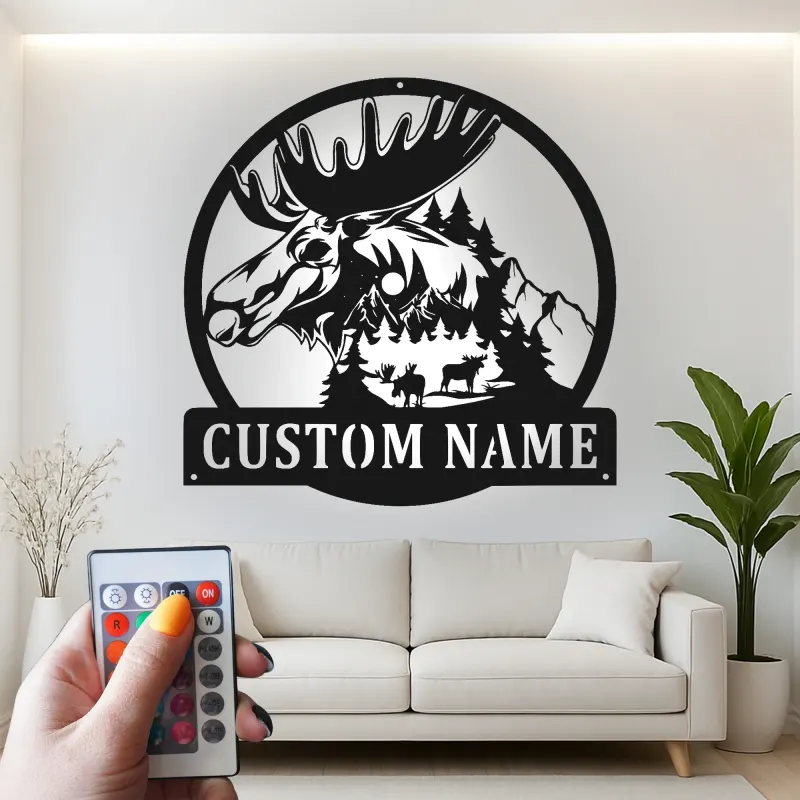 Custom Moose Metal Sign with LED | Personalized Wildlife Wall Art | Rustic Cabin & Lodge Decor for Hunter Gift