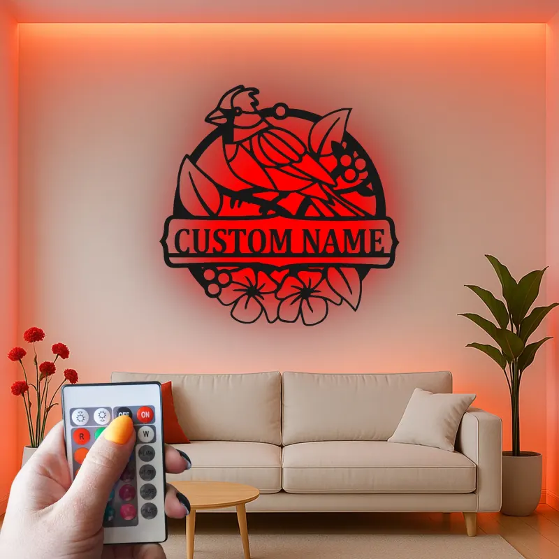 Insegna in metallo personalizzata con uccello e fiori e luce LED regalo per amanti della natura decorazione per soggiorno o giardino