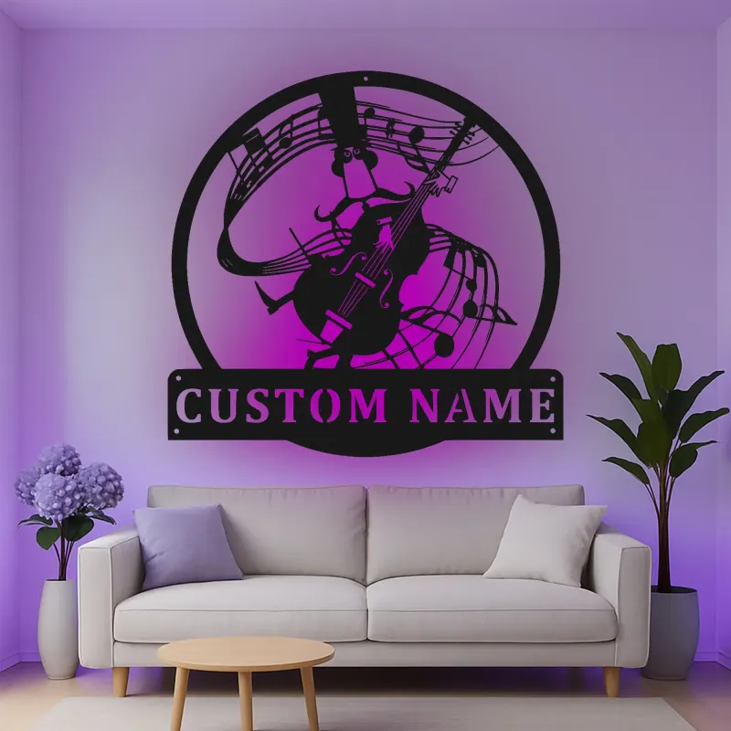 Insegna in metallo LED personalizzata con musicista e violoncello - Regalo personalizzato per amanti della musica, decorazione per sala musicale
