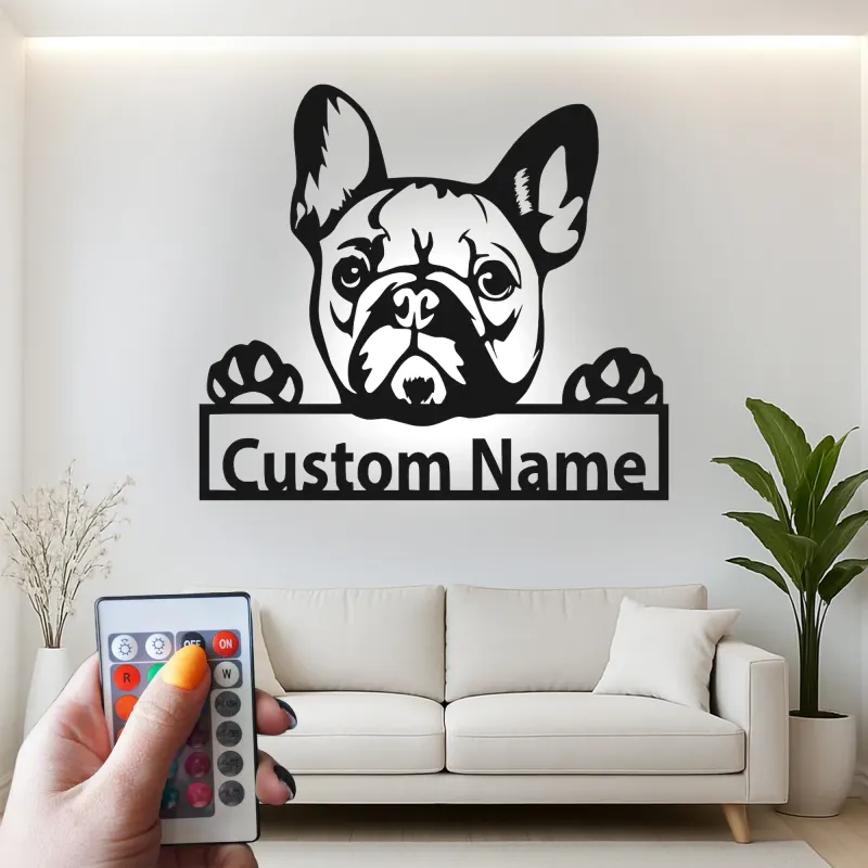 Insegna in metallo personalizzata con Bulldog Francese | Decorazione LED da parete per cani | Regalo per amanti degli animali per casa e ufficio