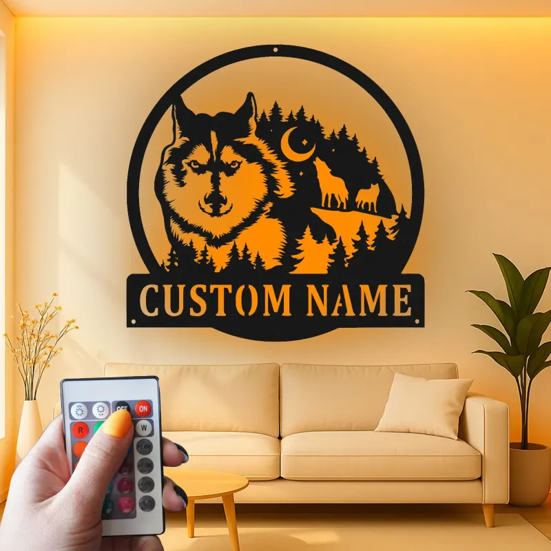 Custom Wolf Forest Scene Led Light Metal Wall Art Personalized Nature Lover Gift Rustic Cabin Decor