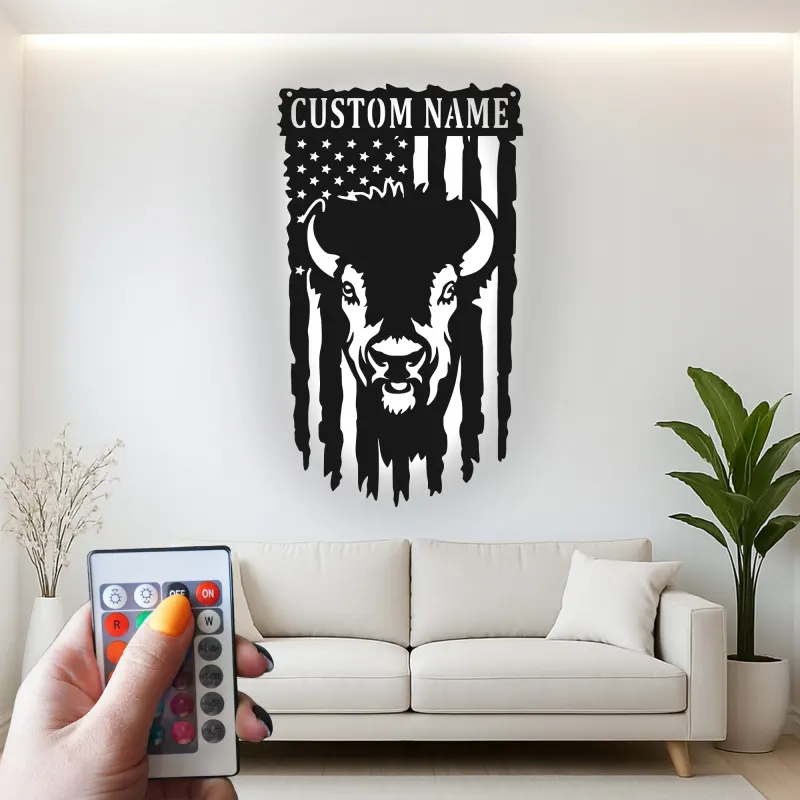 Décoration murale en métal personnalisée avec le drapeau américain et bison, rétroéclairage LED, cadeau rustique pour lui, décoration patriotique