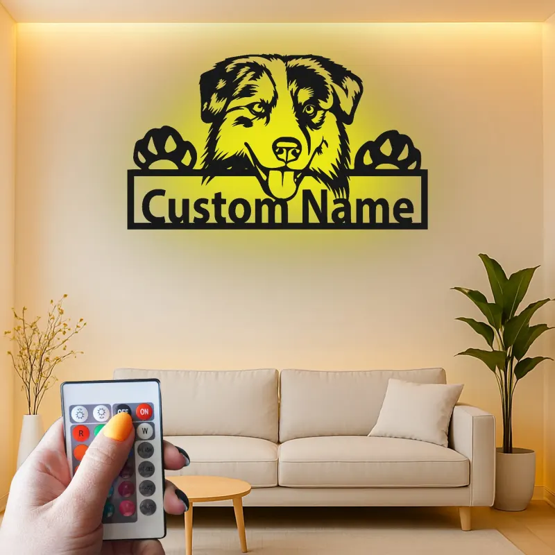 Décoration murale en métal personnalisée Berger Australien avec Rétroéclairage - Cadeau pour Amoureux des Chiens