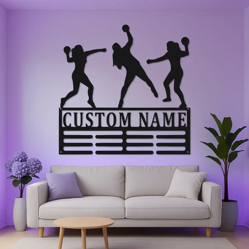 Insegna LED personalizzata con giocatrice di pallamano | Decorazione murale in metallo personalizzata | Regalo per squadra sportiva | Arredo palestra per atleta
