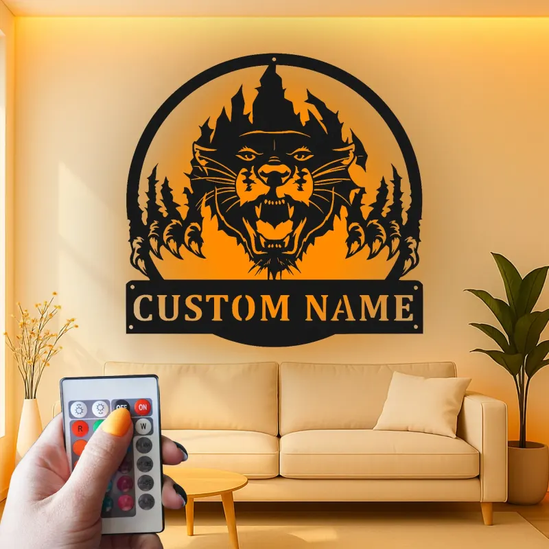 Insegna in metallo LED personalizzata con pantera, regalo per amanti della fauna selvatica, decorazione rustica per cabin