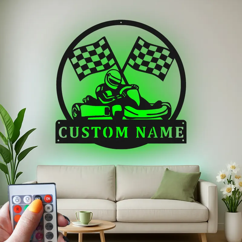 Enseigne métal pilote de karting personnalisée | Décoration murale LED pour garage | Cadeau fan de course | Déco man cave et salle de course